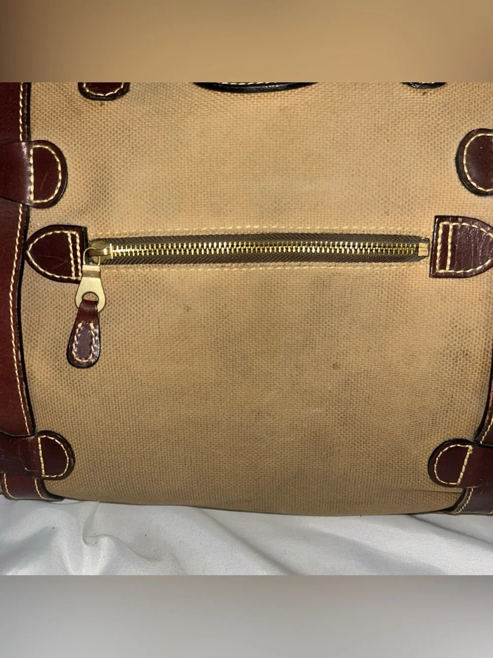 Mulholland Large Canvas Leather Duffle Weekender Bag Khaki Tan Vintage Lock READ